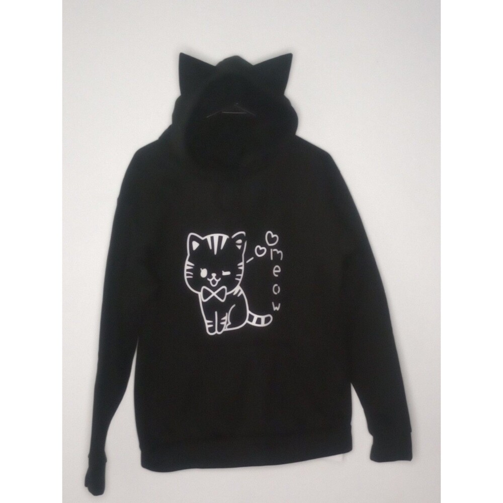 Black Kitten Cat Sweatshirt "Meow" Hoodie With Cat Ears Women's Size Medium
